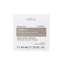 A white rectangular box of Korres Symbio-Lift Firming Cream Rich in Black Pine scent, featuring black and blue text on a clean white background.