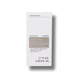 A white rectangular box of KORRES Black Pine Peptide Firming Eye Balm Cream, 15 mL, shown on a clean white background with a soft drop shadow.