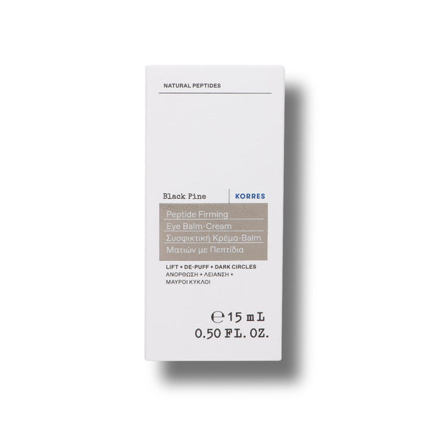 A white rectangular box of KORRES Black Pine Peptide Firming Eye Balm Cream, 15 mL, shown on a clean white background with a soft drop shadow.
