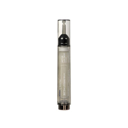 A slim, transparent cylindrical cosmetic tube with a black top and bottom, containing a light gray cream product, shown on a plain white background.
