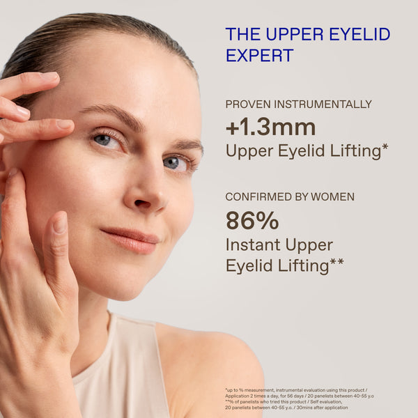 A close-up of a woman's face with her hand near her eye, alongside promotional text reading 'THE UPPER EYELID EXPERT' and claims about upper eyelid lifting.