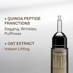 A close-up of a cosmetic serum bottle with a clear pipette tip on a light gray background, alongside text highlighting key ingredients: quinoa peptide fractions and oat extract.