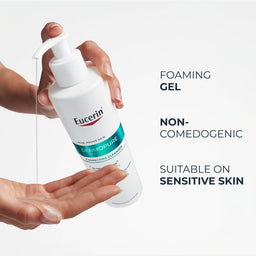 Eucerin Demopure foaming gel being dispensed onto a hand with product details on a white background.