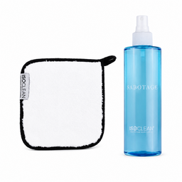 ISOCLEAN cleaning kit featuring a white microfiber cloth with a black border and a translucent blue spray bottle labeled SABOTAGE.