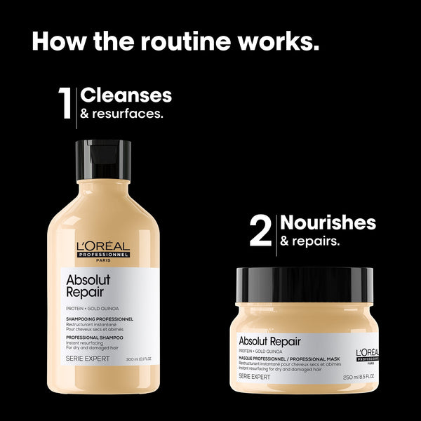 L'Oréal Professionnel Absolut Repair hair care set shown on a black starry background with explanatory text: 'How the routine works.' and numbered steps describing cleansing/resurfacing and nourishing/repairing.