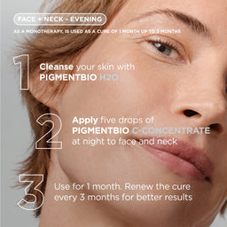 Close-up of a person's face and neck with text instructions for a skincare routine. The image shows three numbered steps: cleanse skin with PIGMENTBIO H2O, apply five drops of PIGMENTBIO C-CONCENTRATE at night, and use for 1 month, renewing every 3 months.
