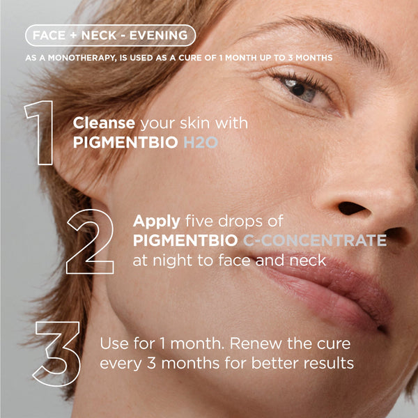 Close-up of a person's face and neck with text instructions for a skincare routine. The image shows three numbered steps: cleanse skin with PIGMENTBIO H2O, apply five drops of PIGMENTBIO C-CONCENTRATE at night, and use for 1 month, renewing every 3 months.