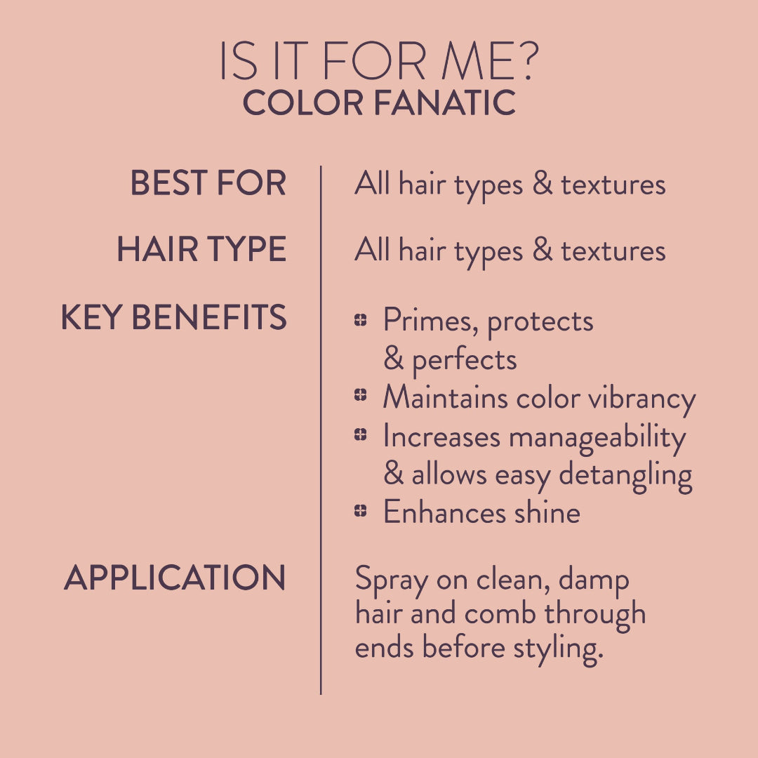 A text-based informational graphic on a dusty pink background with the heading 'IS IT FOR ME? COLOR FANATIC' and bullet points about best use, hair type, key benefits, and application for a hair color product.