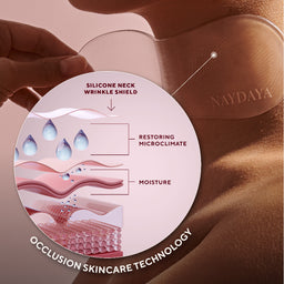 Silicone neck wrinkle shield with diagram and 'NAYDAYA' branding on a pink background