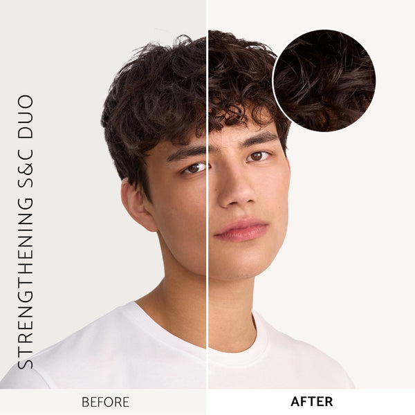 Before and after comparison of a person with strengthened hair using strengthening shampoo.