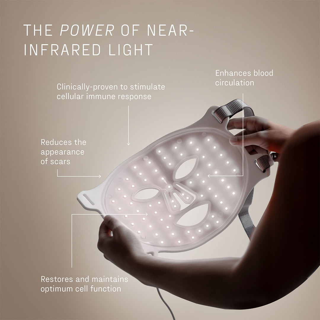 Hand holding a LED face mask with text about near-infrared light benefits on a beige background