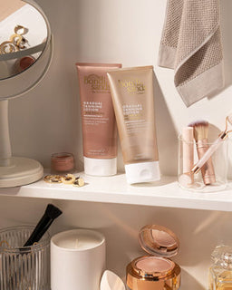 Bondi Sands Tinted Skin Perfector Gradual Tanning Lotion on a shelf in a bedroom