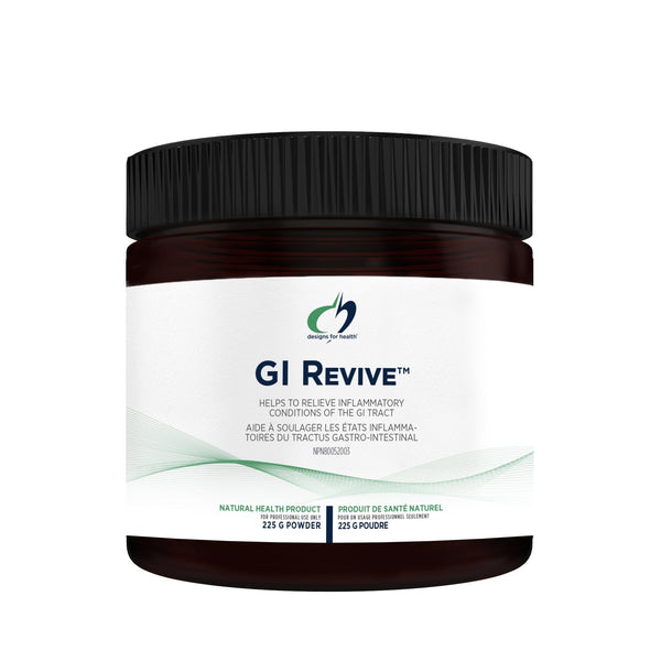 Jar of 'GI Revive' powder with black lid on a white background
