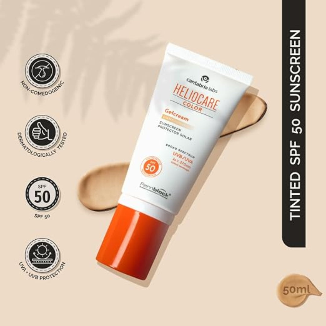 Heliocare sunscreen tube with branding and product details on a beige background
