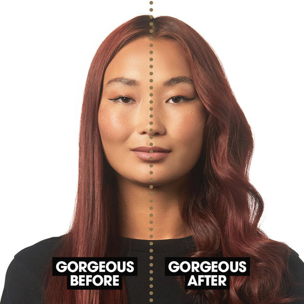 Before and after comparison of a woman's hair on a white background