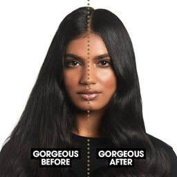 Woman with 'Gorgeous Before' and 'Gorgeous After' hair comparison on a white background
