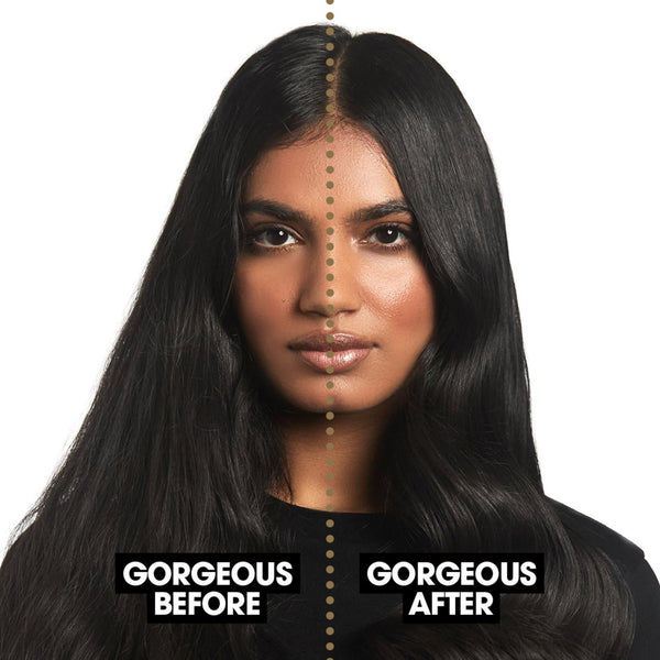 Woman with 'Gorgeous Before' and 'Gorgeous After' hair comparison on a white background