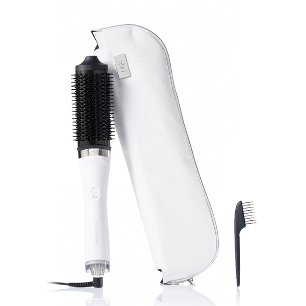 White hair styling tool with attachments on a white background