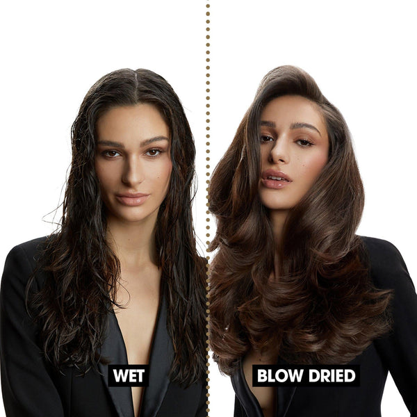 Comparison of wet and blow-dried hair on a model against a white background