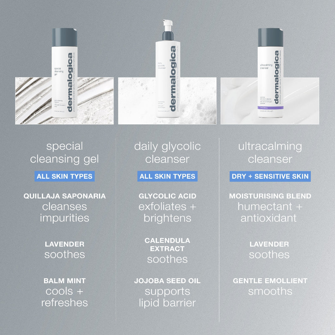 Dermalogica skincare products with features on a gray background