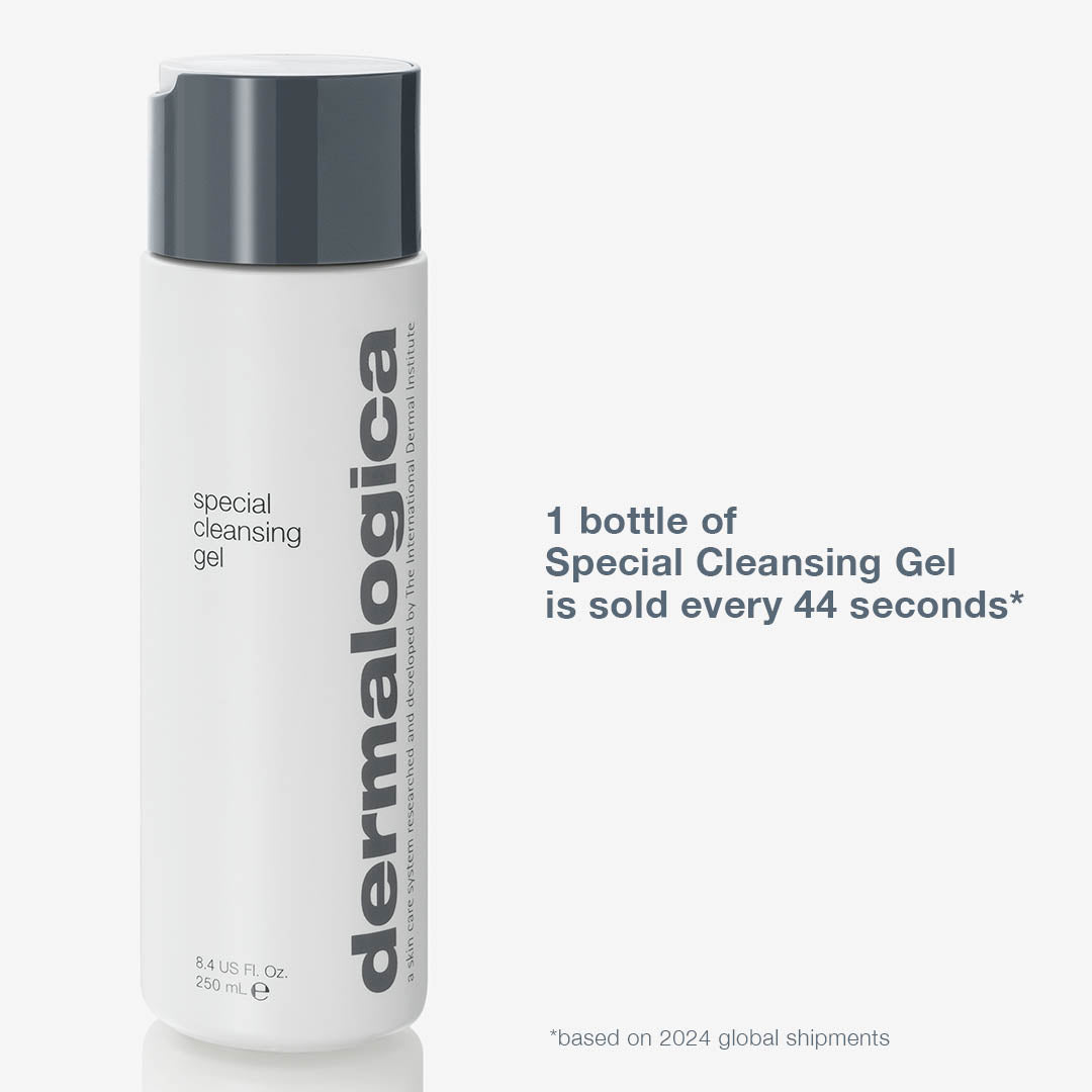 Dermalogica Special Cleansing Gel bottle on a white background with text about sales rate.