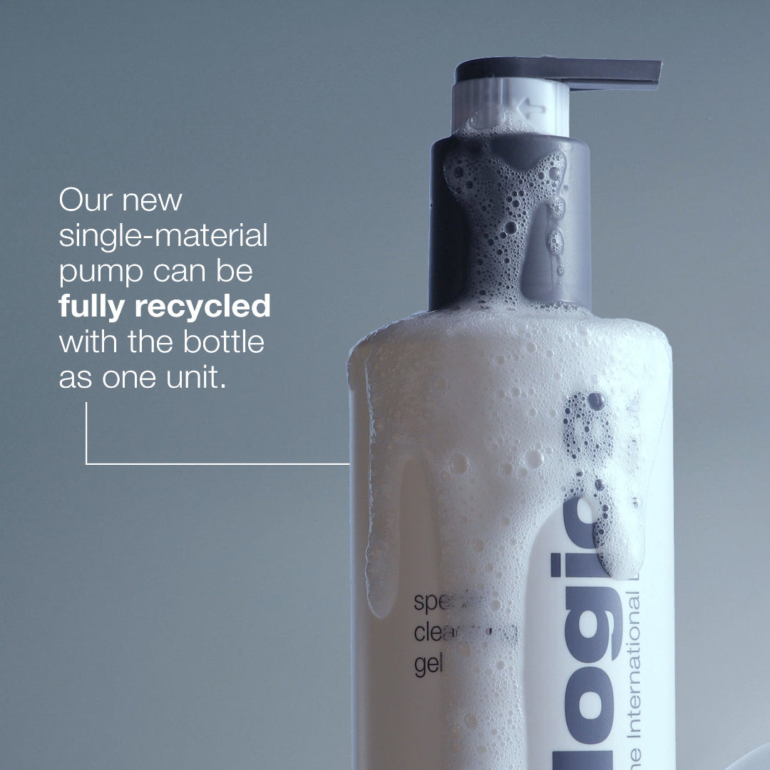 Bottle with pump labeled 'logic' on a gray background