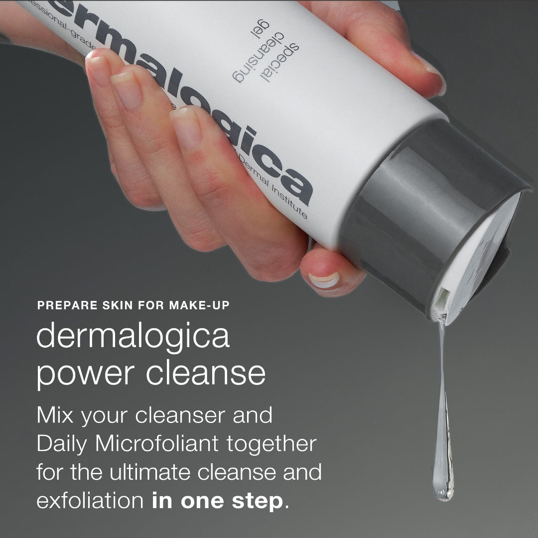 Dermalogica power cleanse being applied with text on a dark background