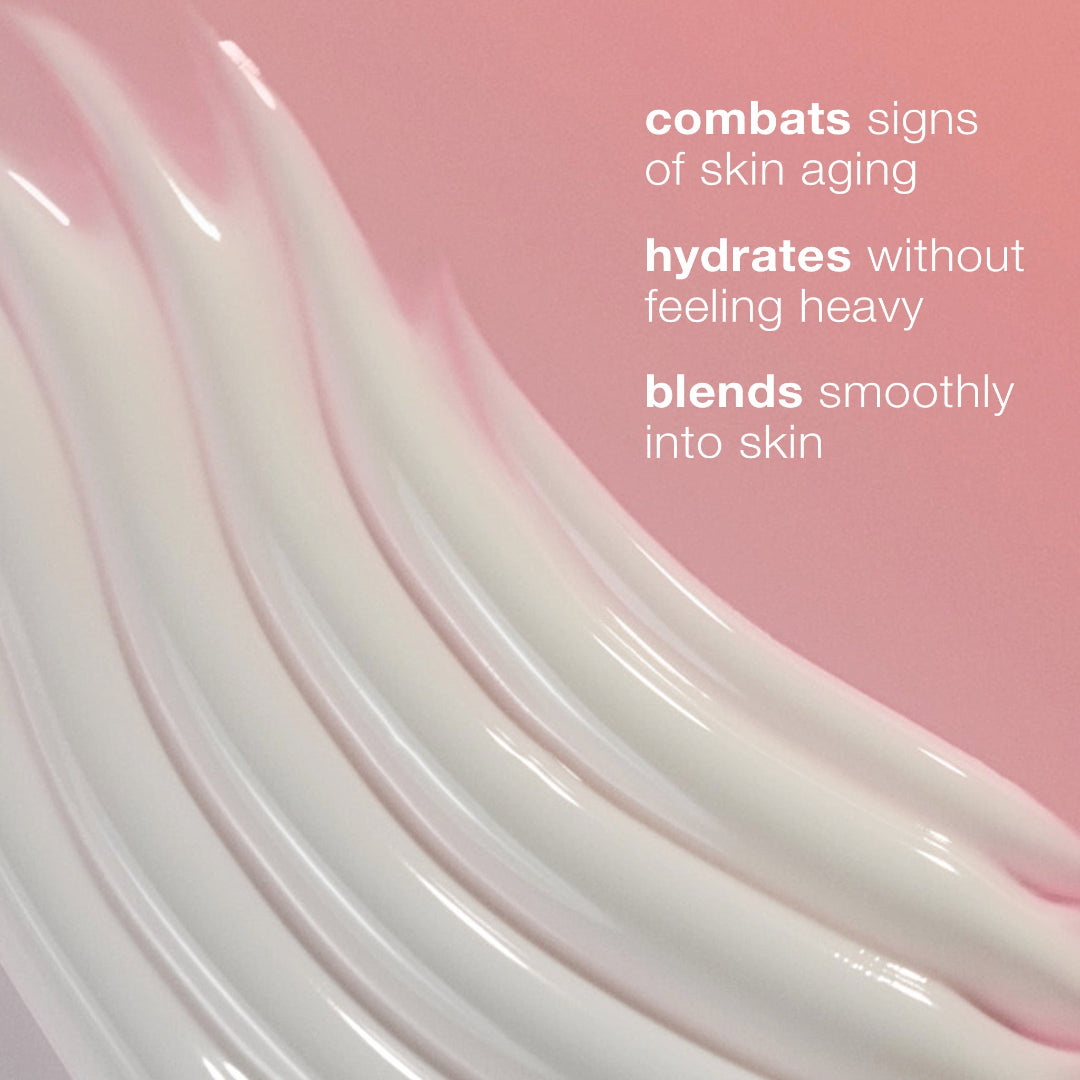 White skincare product texture on a pink background with text about skin care benefits.