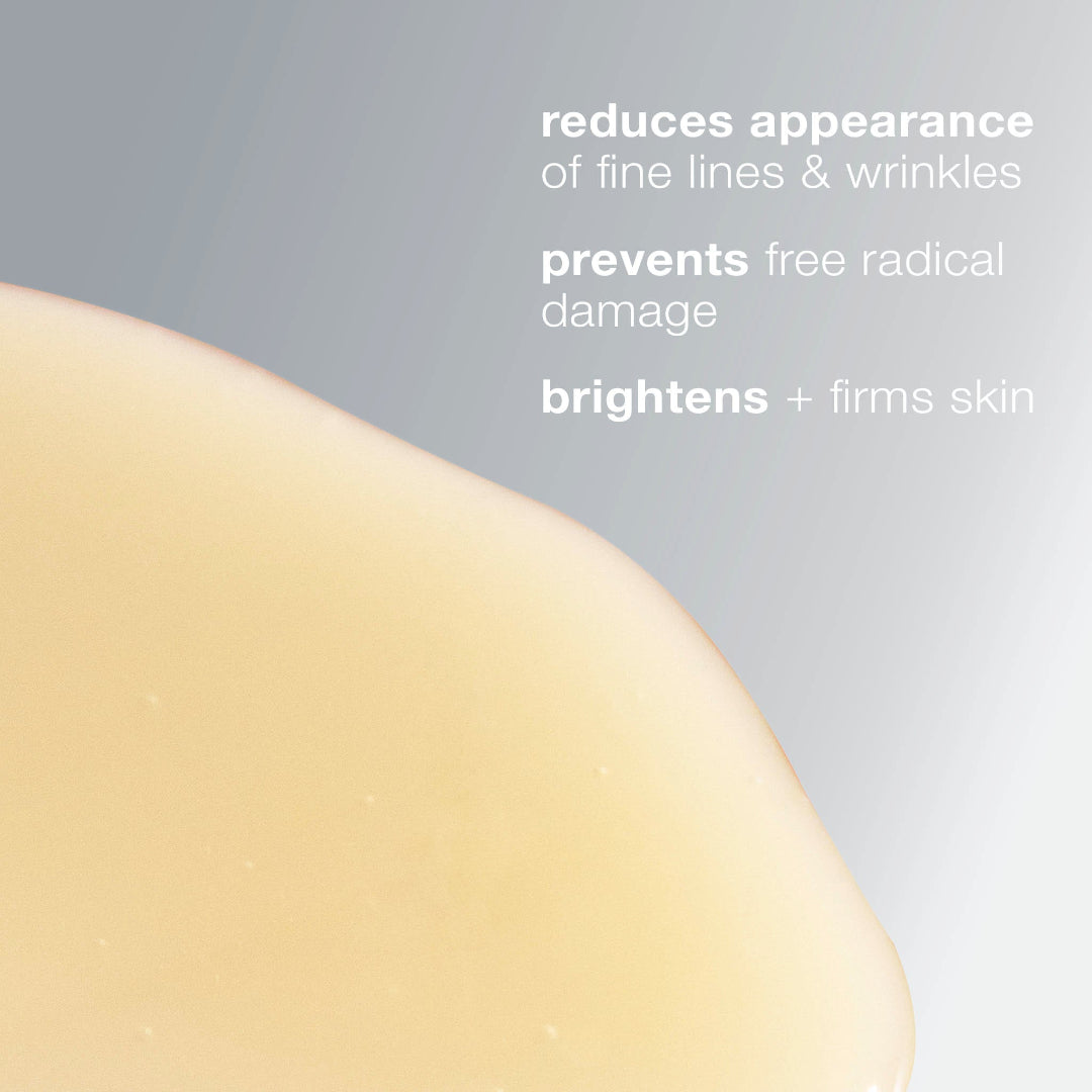 Cosmetic product with text highlighting skin benefits on a gray background