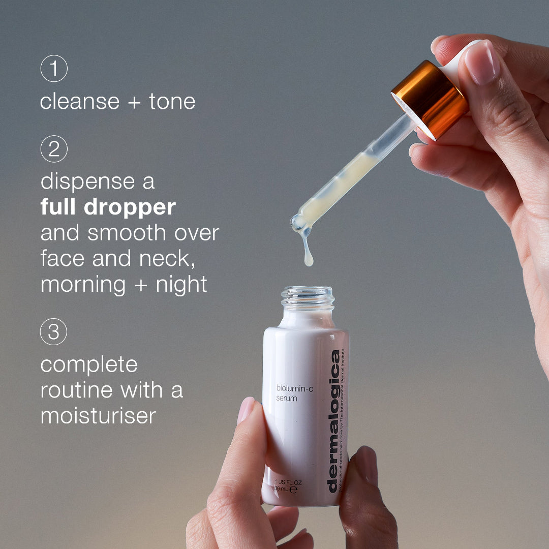 Dermalogica serum bottle with dropper being used on a neutral background