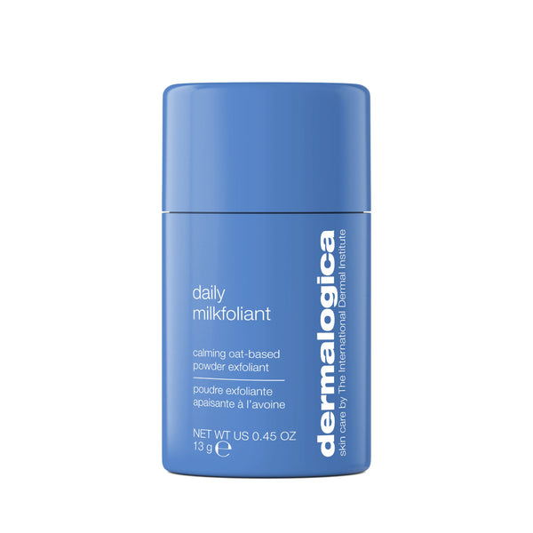 Blue container of Dermalogica daily milkfoliant on a white background