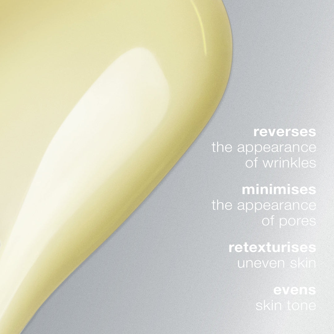 Cosmetic product with text highlighting its skin benefits on a light gray background