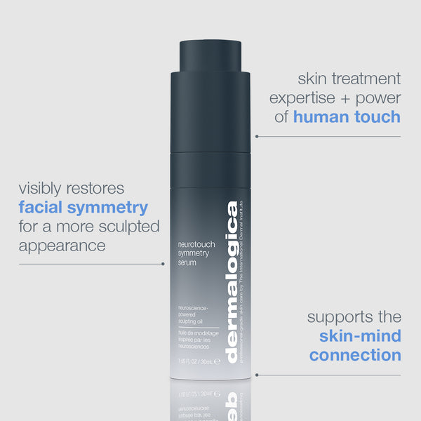Dermalogica neurotouch symmetry serum bottle with text on a light gray background
