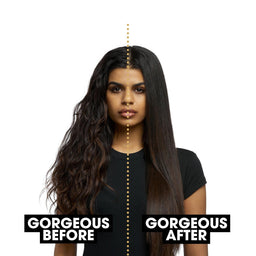 Woman with long hair labeled 'Gorgeous Before' and 'Gorgeous After' on a white background