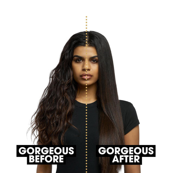 Woman with long hair labeled 'Gorgeous Before' and 'Gorgeous After' on a white background