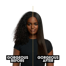 Before and after comparison of a woman's hair with 'Gorgeous Before' and 'Gorgeous After' labels.