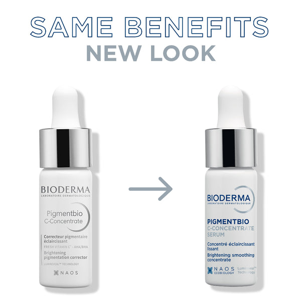 Two white Bioderma skincare dropper bottles shown side by side on a white background, with large text reading 'SAME BENEFITS NEW LOOK' above and a gray arrow between the bottles. The left bottle is labeled 'Pigmentbio C-Concentrate' and the right bottle is labeled 'PIGMENTBIO CONCENTRATE SERUM'.