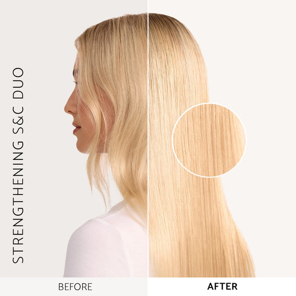 Before-and-after comparison of a blonde model's hair, showing wavy hair on the left and smooth, straight, strengthened hair on the right, with a circular close-up of the after texture. Text reads 'STRENGTHENING CONDITIONER', 'BEFORE', and 'AFTER'.