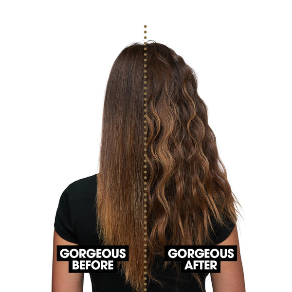 Comparison of hair before and after styling, labeled 'GORGEOUS BEFORE' and 'GORGEOUS AFTER'.