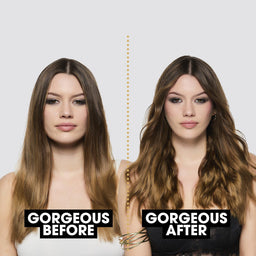 Before and after comparison of a woman with long hair on a plain background