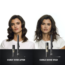 Two women with different hairstyles and hair products labeled 'Curly Ever After' and 'Curls Gone Wild'.
