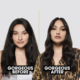 Before and after comparison of a woman with text labels on a plain background