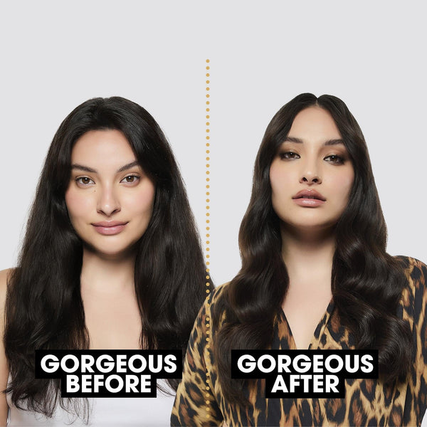 Before and after comparison of a woman with text labels on a plain background