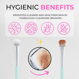 Two makeup brushes with a close-up of a soiled brush and text about hygienic benefits on a light gray background.