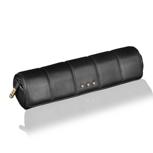 Black leather clutch bag with gold accents on a white background