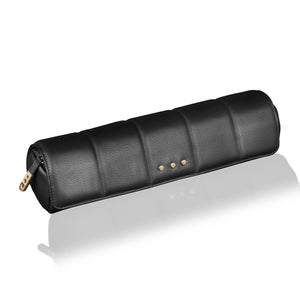 Black leather travel case with gold zippers on a white background