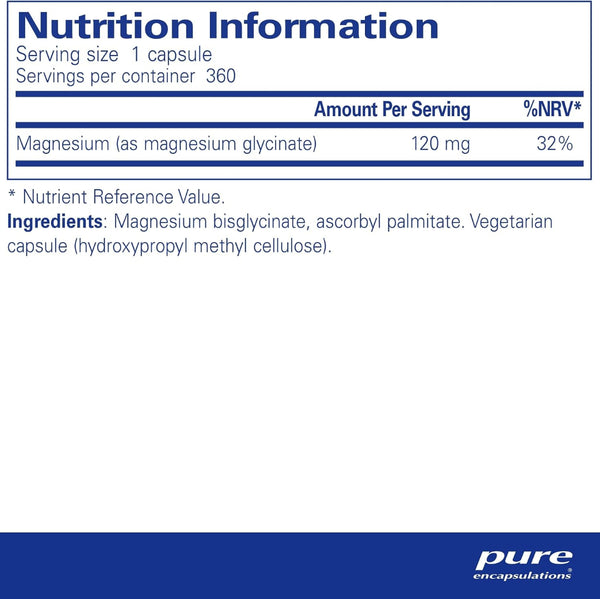 Nutrition information label for Pure Encapsulations magnesium bisglycinate capsules, showing 120 mg of magnesium per serving with a 32% NRV value.