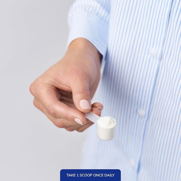 Hand holding a scoop of protein powder with text 'Take 1 scoop once daily' on a gray background