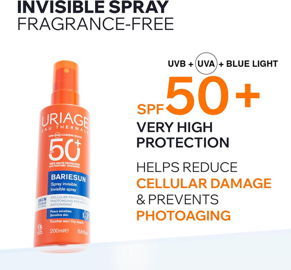 Uriage Bariesun SPF 50+ spray bottle with product details on a white background