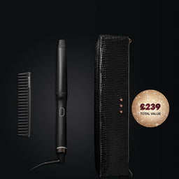 Set of hair styling tools including a comb, hair straightener, and hair dryer on a black background with a price tag.